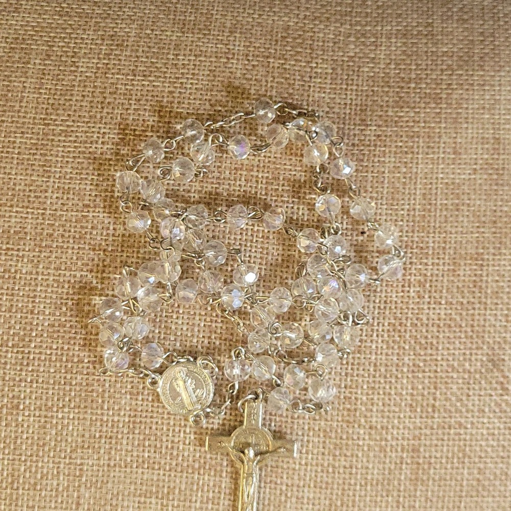 Vintage St Benedict Rosary Iridescent Glass Beads Silver Tone 20 Inch